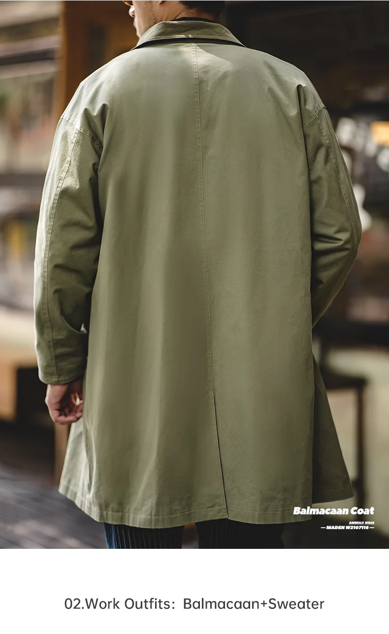 Maden Casual Balmacaan Trench Coat Loose Fit Green Windbreaker