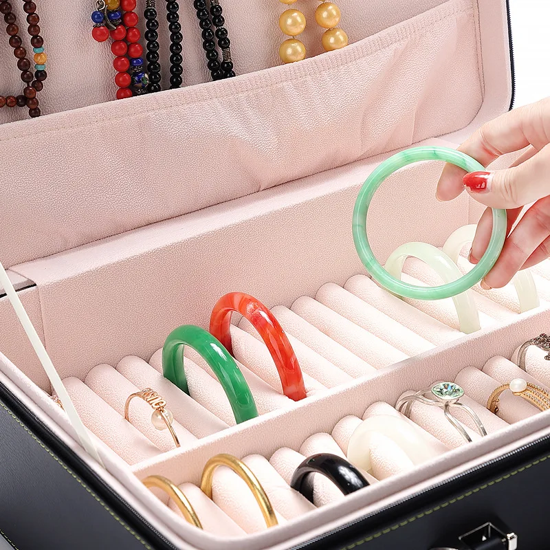 Caja de joyería portátil con cremallera de cuero de alta gama, almacenamiento de joyería de jade, anillo, collar, pulsera, en stock