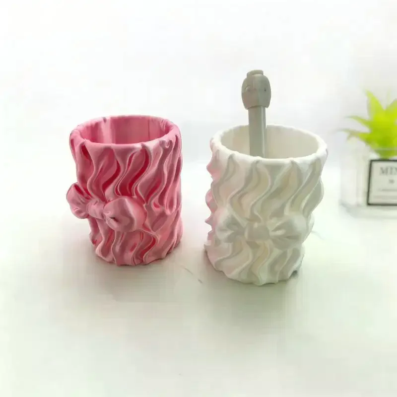 3D Printing Wavy Texture Pen Holder With Cute Bow Decor Large Capacity For School Office Home Stationery Storage