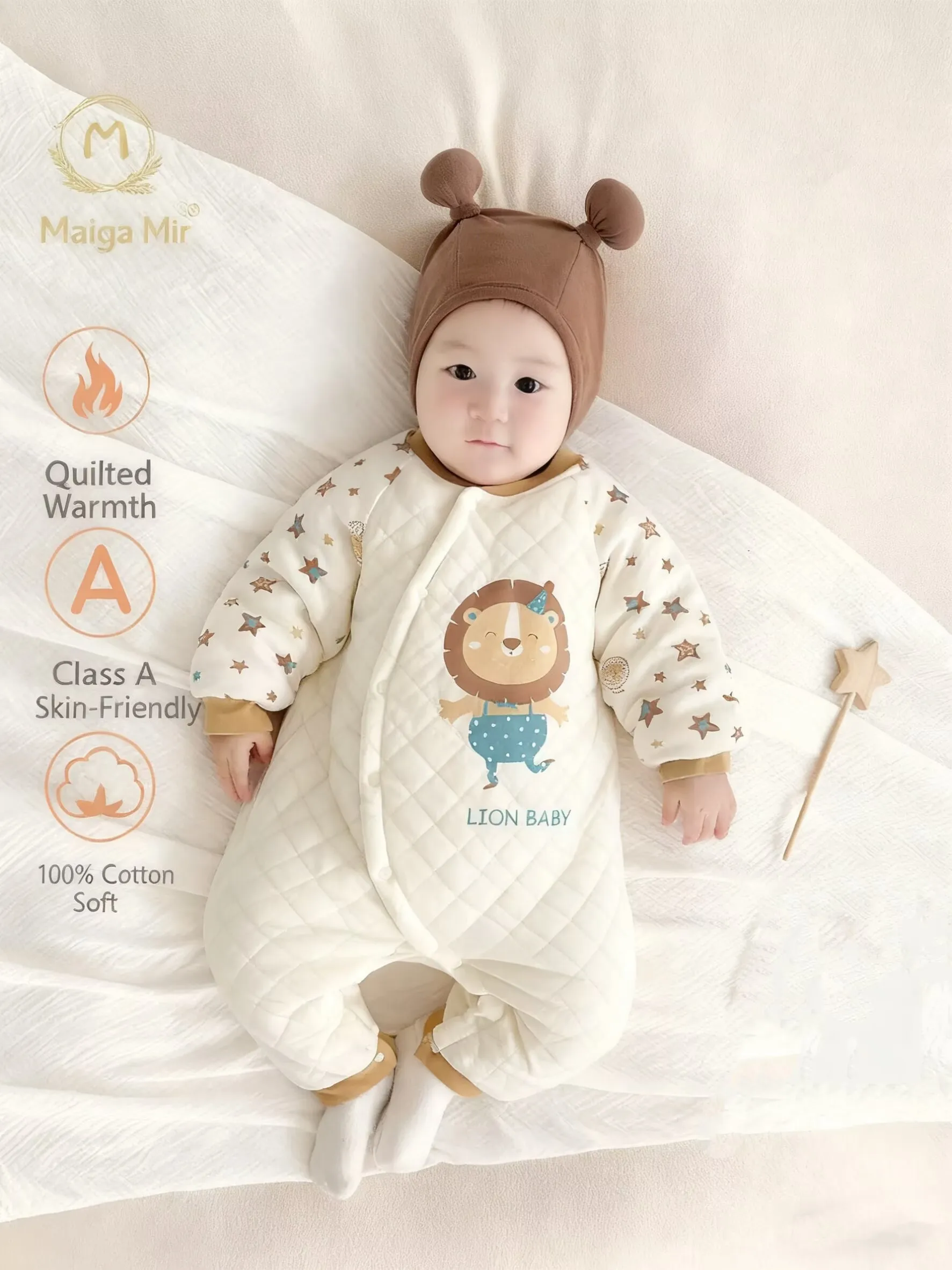 Newborn Organic Cotton Warm Baby Onesie Cartoon Animal Lion Padding Winter Cozy Outfit Infant Clothes for Boys and Girls 0-2T