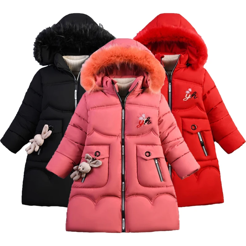 

4 Color Big Size Winter Keep Warm Long Style Girls Jacket Teenage Thick Heavy Cold-proof Hooded Windbreaker Coat For Kids