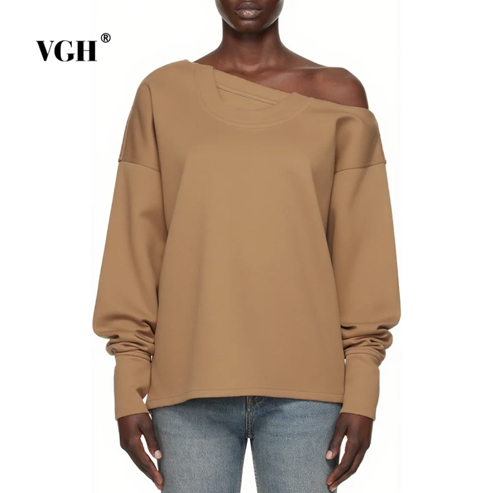 

VGH Solid Asymmetrical Designer Sweatshirt for Women Diagonal Collar Lantern Sleeve Casual Loose Pullovers Female Autumn Clothes