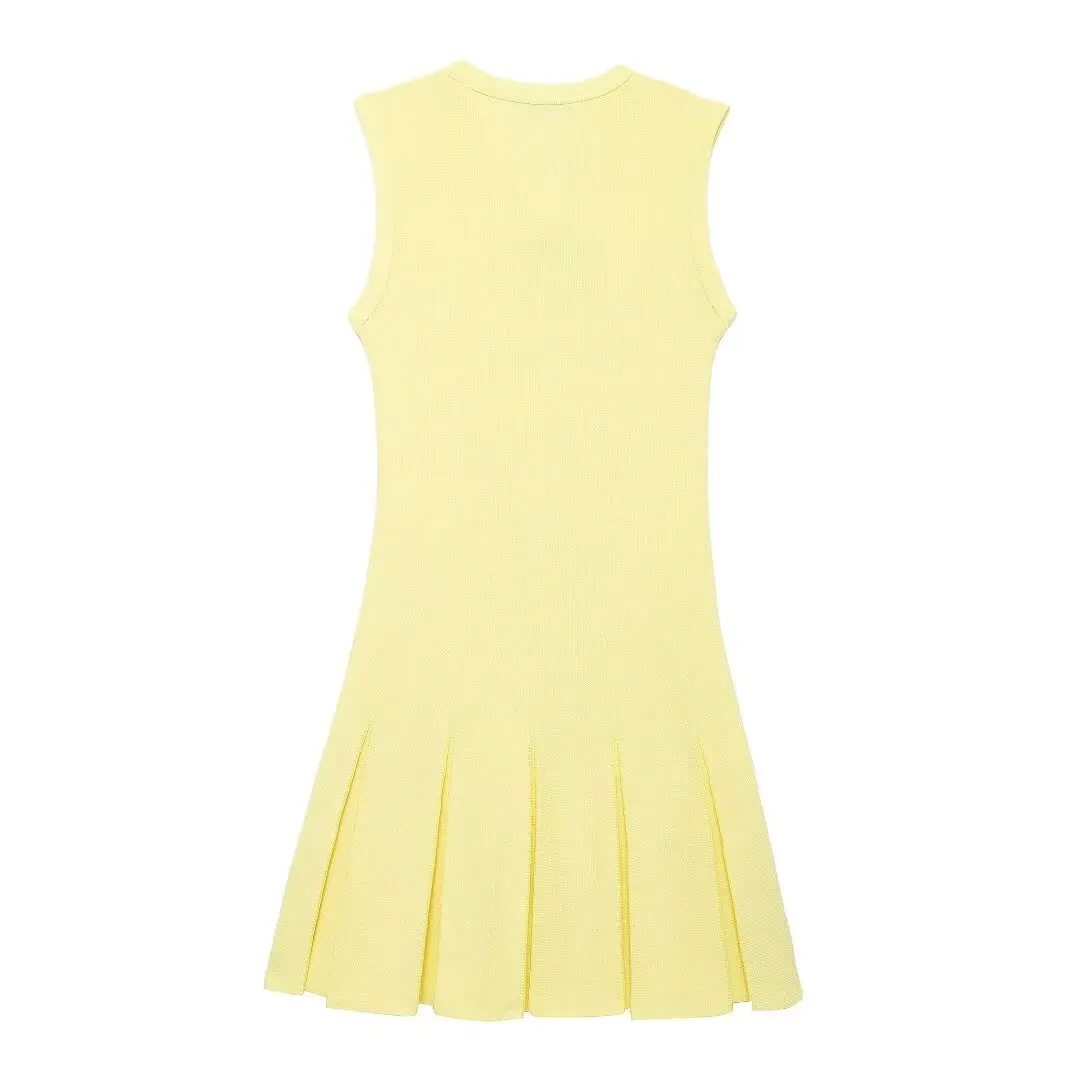 Tangada 2024 Women Solid Yellow Knitted Tank Dress Sleeveless Female Mini Dresses 3H0522