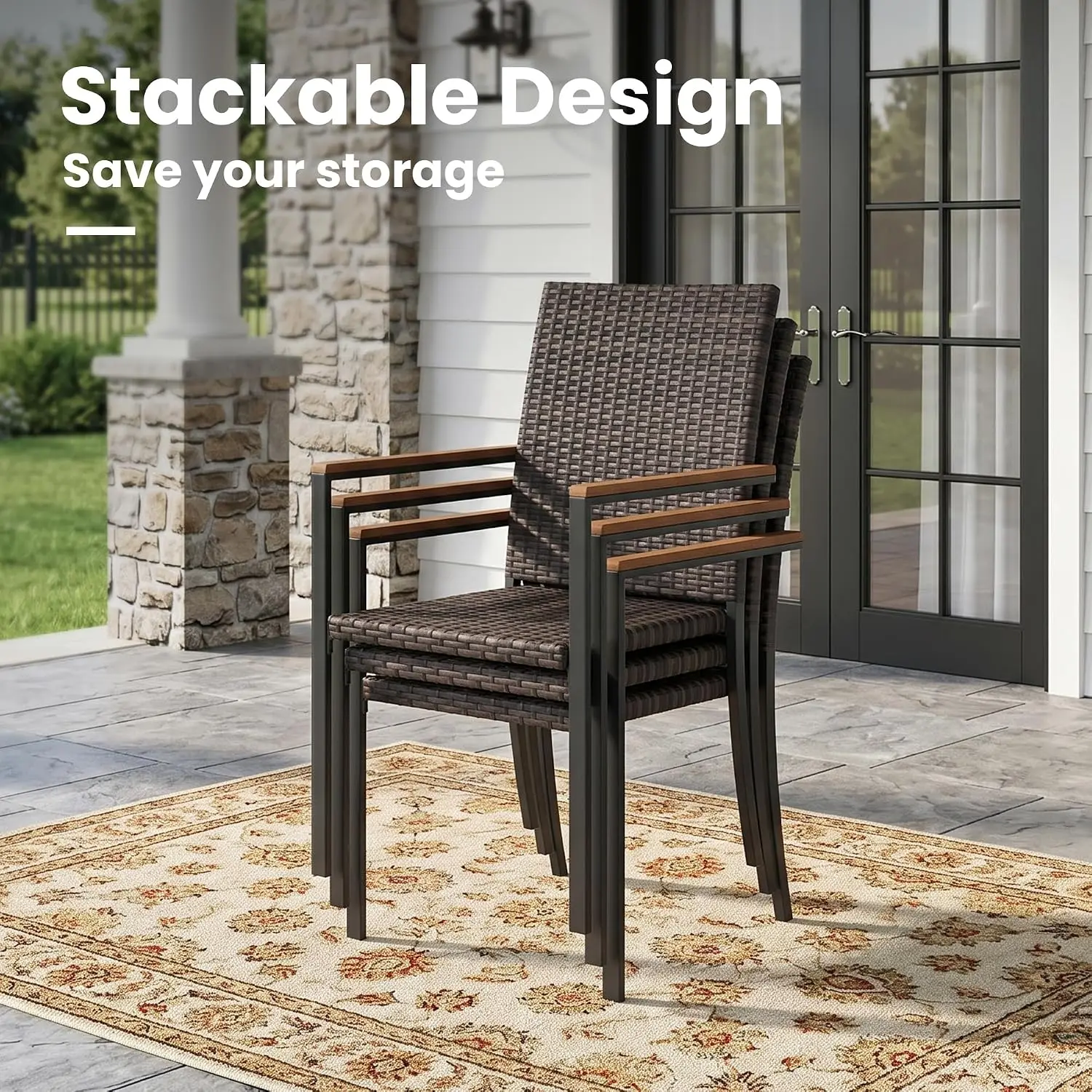 Round Metal Patio Dining Set with Umbrella Hole & 6 Stackable Wicker Chairs for Outdoor Porch Yard Garden, Black, Customized