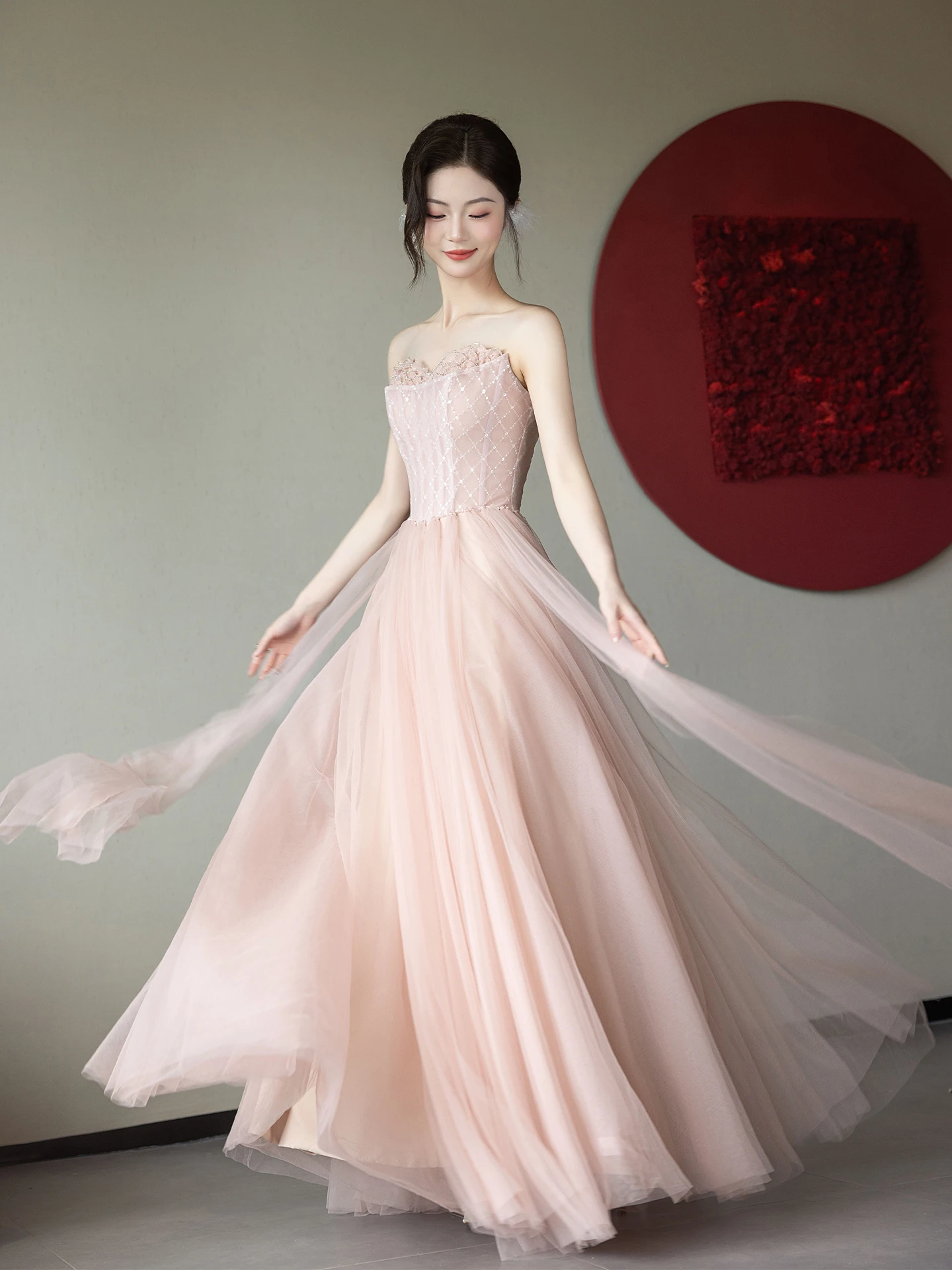 L&P DQL Studio Blush Avondjurk Sweetheart Lace-up Pleats Tule Feestjurk Galajurken Kralen op Top