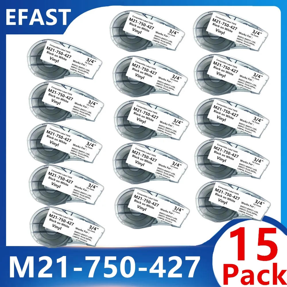 

5~15PK Replacement 0.75'' Vinyl Black on White M21-750-427 Label Tape Cintas for Use in BMP21 PLUS LAB Handheld Ribbon