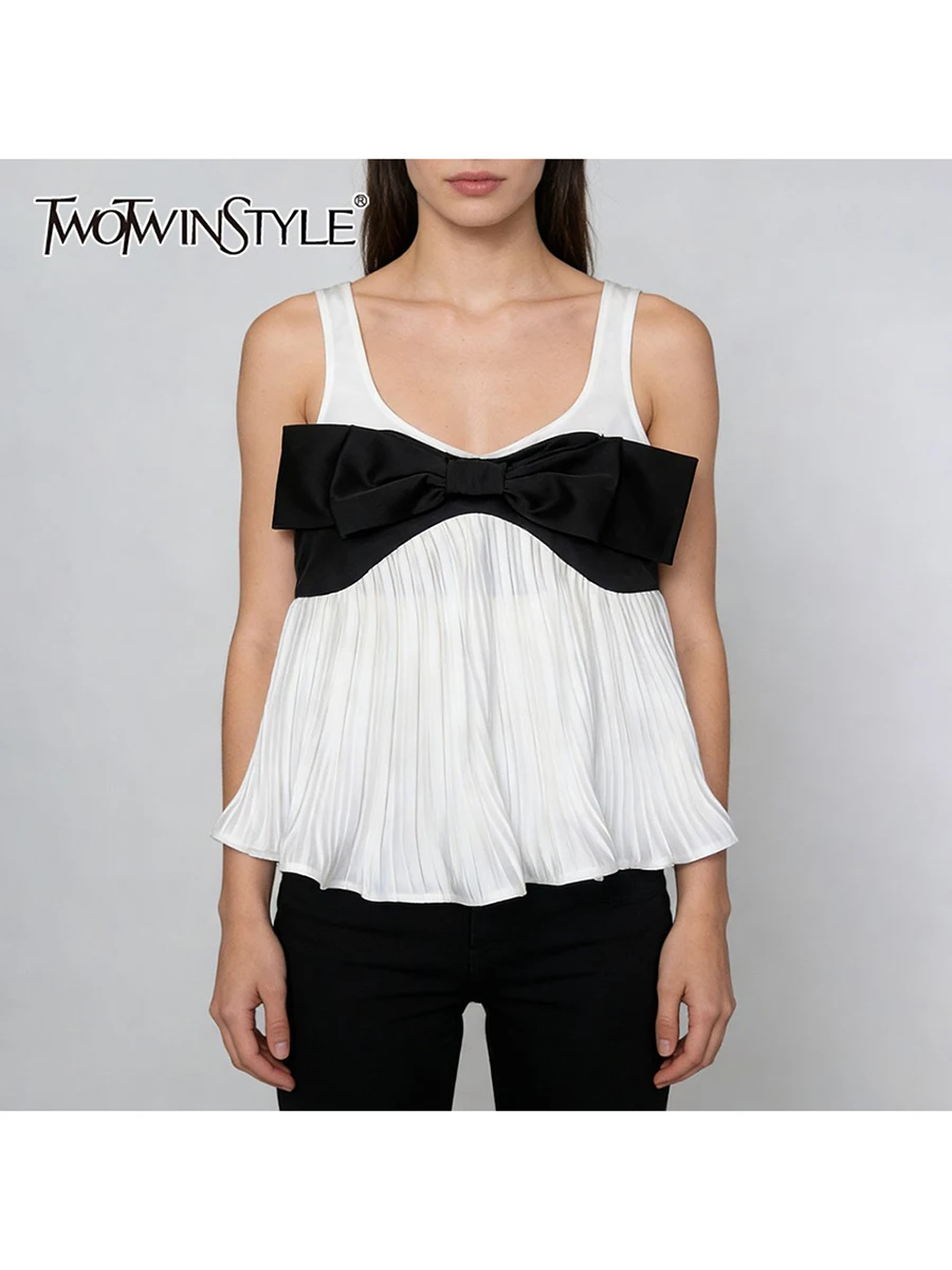 

Женский повседневный свободный укороченный жилет TWOTWINSTYLE с бантом, круглым вырезом, без рукавов, с пэчворком и складками, базовый, модный