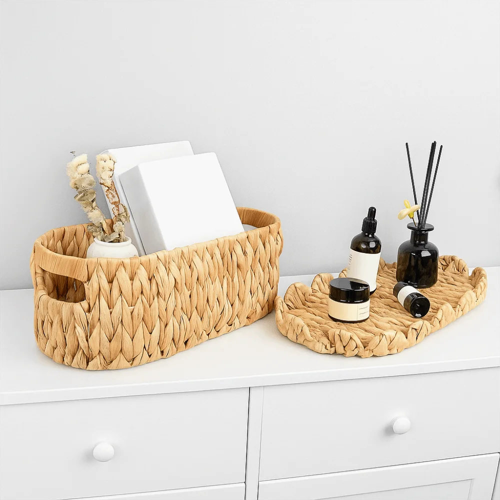 

Large Capacity Straw Woven Storage Basket Dustproof with Lid Cosmetic Storage Box Decorative Sundry Storage Basket for Home