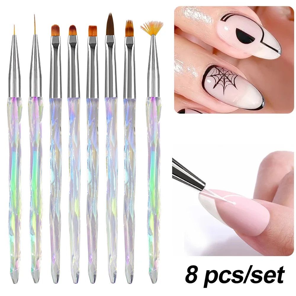 Aurora Iridescent Nail Art Painting Pens for Nail Design, Soft, Slender Brush, Gradient Gel Drawing, DIY Pinceau, #0.6-1.6cm, 8 Pcs, 9Pcs