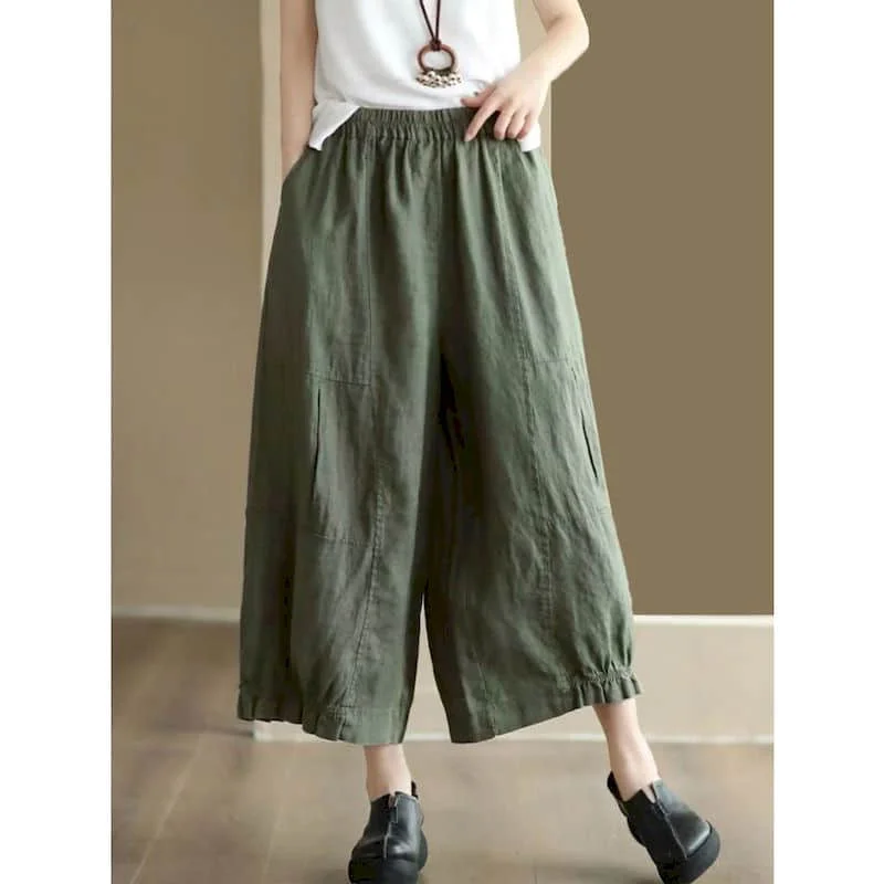 Pantalones rectos informales con cintura elástica, pantalones tipo farol con brotes literarios lisos, ropa de calle holgada de verano, ropa de mujer de estilo coreano