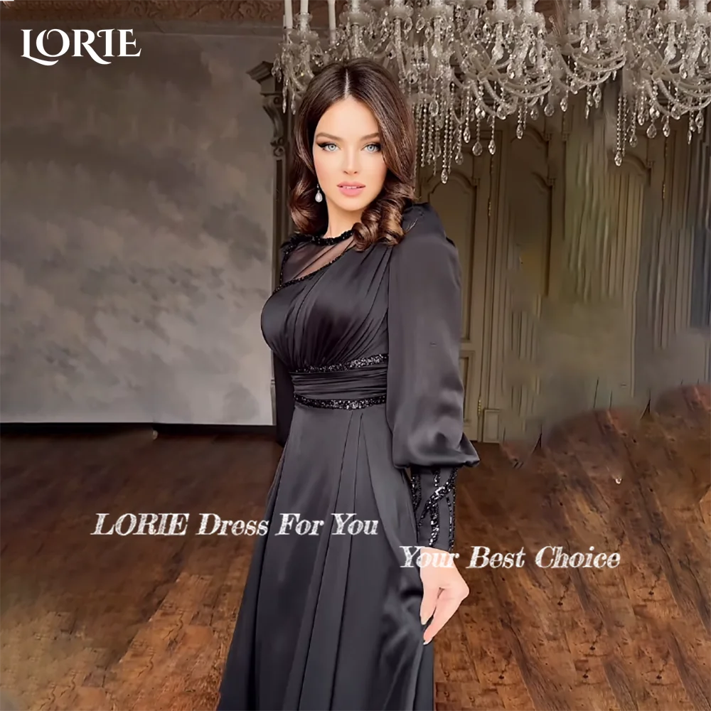 LORIE Black Slit Saudi Formal Evening Dresses with Pocket Long Sleeves A-Line Prom Dress Illusion Shoulder for Women Party Gowns