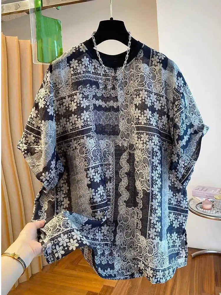 Vintage Printed Pattern Women's Short Sleeves Ethnic Style Large Sized Chiffon T-shirts Loose Chic All Match Leisure Top