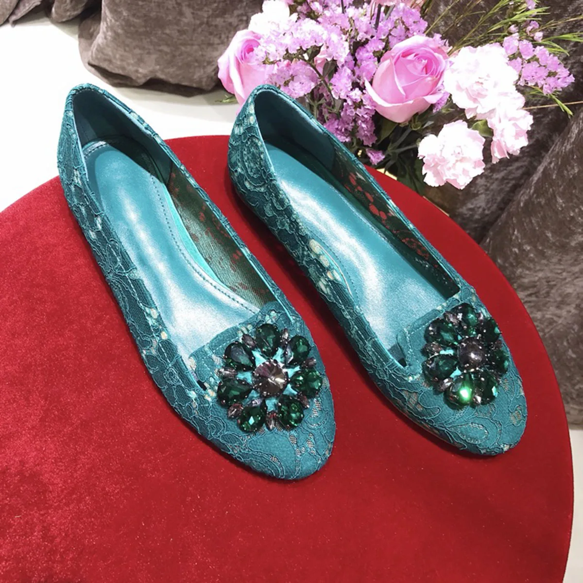 Women\'s Summer Flat Lace Shoes Rhinestone Flower Ballet Shoes