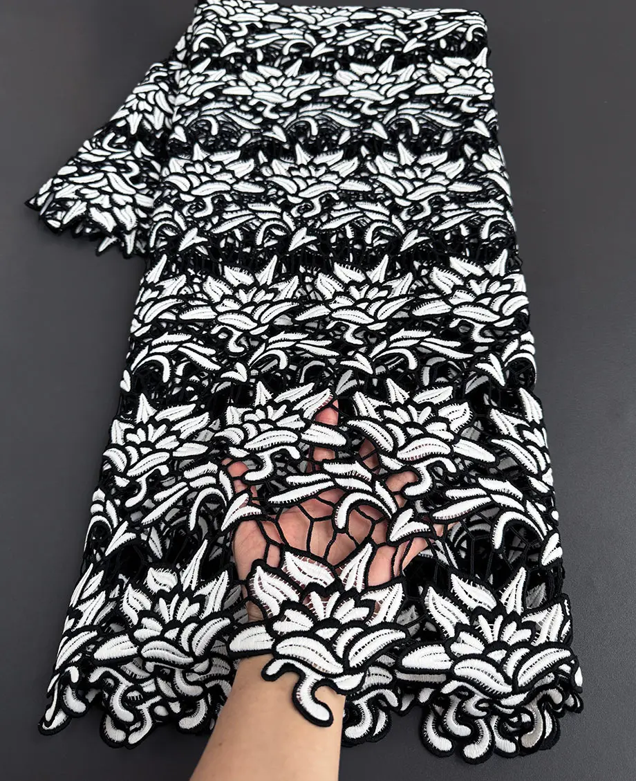 

White Black Embroidered Guipure Lace Cord Lace Dubai Abaya Cloth African Water Soluble Fabric for Cocktail Dress Celebrants