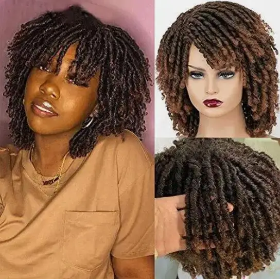 Peluca de rastas cortas para mujeres negras, pelucas giratorias, peluca rizada corta, negra y marrón