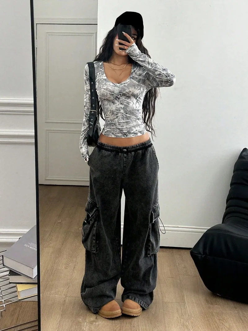 KEXU dames contrasterend gestreept T-shirt met V-hals en lange mouwen herfst winter slanke top tees streetwear