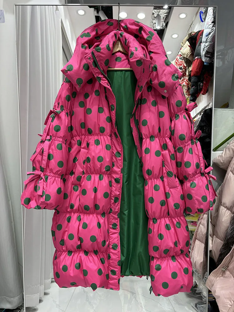 2024 winter new sweet simple polka dot long white duck down thick down jacket over the knee trendy brand jacket