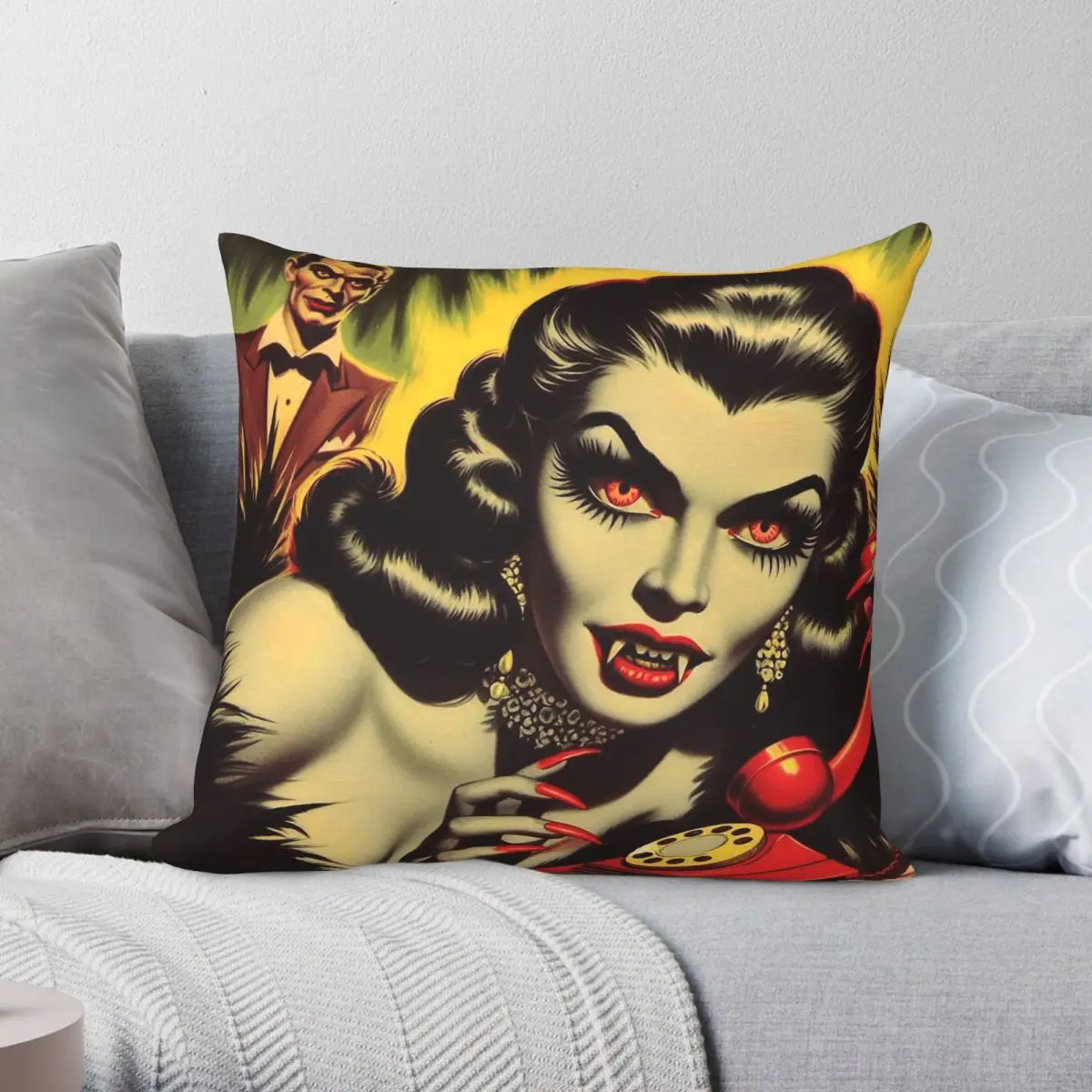 Vintage Horror Vampire Girl Pillowcase Polyester Linen Velvet Printed Zip Decorative Throw Pillow Case Home Cushion Cover