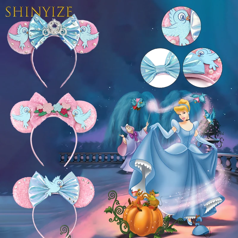 

New Hot Sale Disney Cinderella Mouse Ears Headband Women Mickey Trip Crown Sequins 5"Bow Headband Girl Hair Accessories Gift