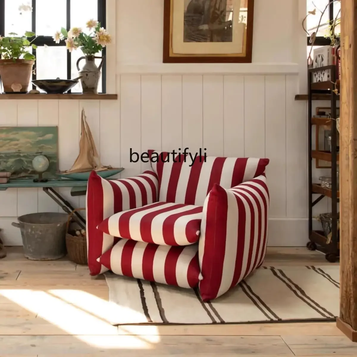 32 American red and white striped single chair simple zebra pattern, living room bedroom sofa