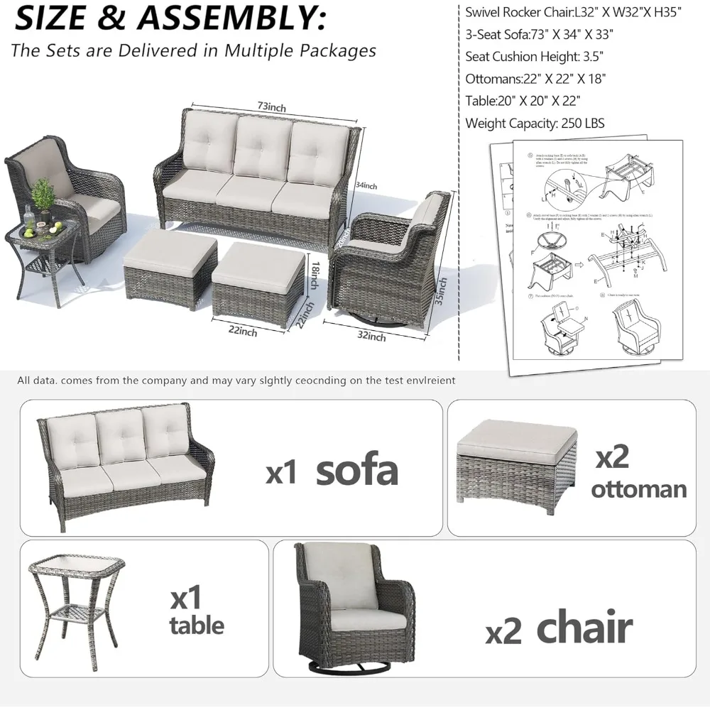 Patio Furniture Set 6 Piece Set with 1 Three-Seat Sofa, 2 Swivel Rocker Chairs, 2 Ottomans and 1 Side Table, Outdoor Furniture