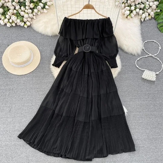 

2024 Retro Style One Shoulder Open Shoulder Lotus Leaf Edge Wrapped Waist A-line Hundred Pleated Dress Elegant Long Dress