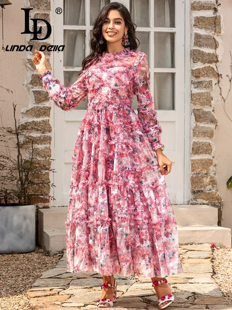 LD LINDA DELLA summer fashion designer Dress Women Long sleeve Mesh flower print Vacation Party Elegant Midi Dress