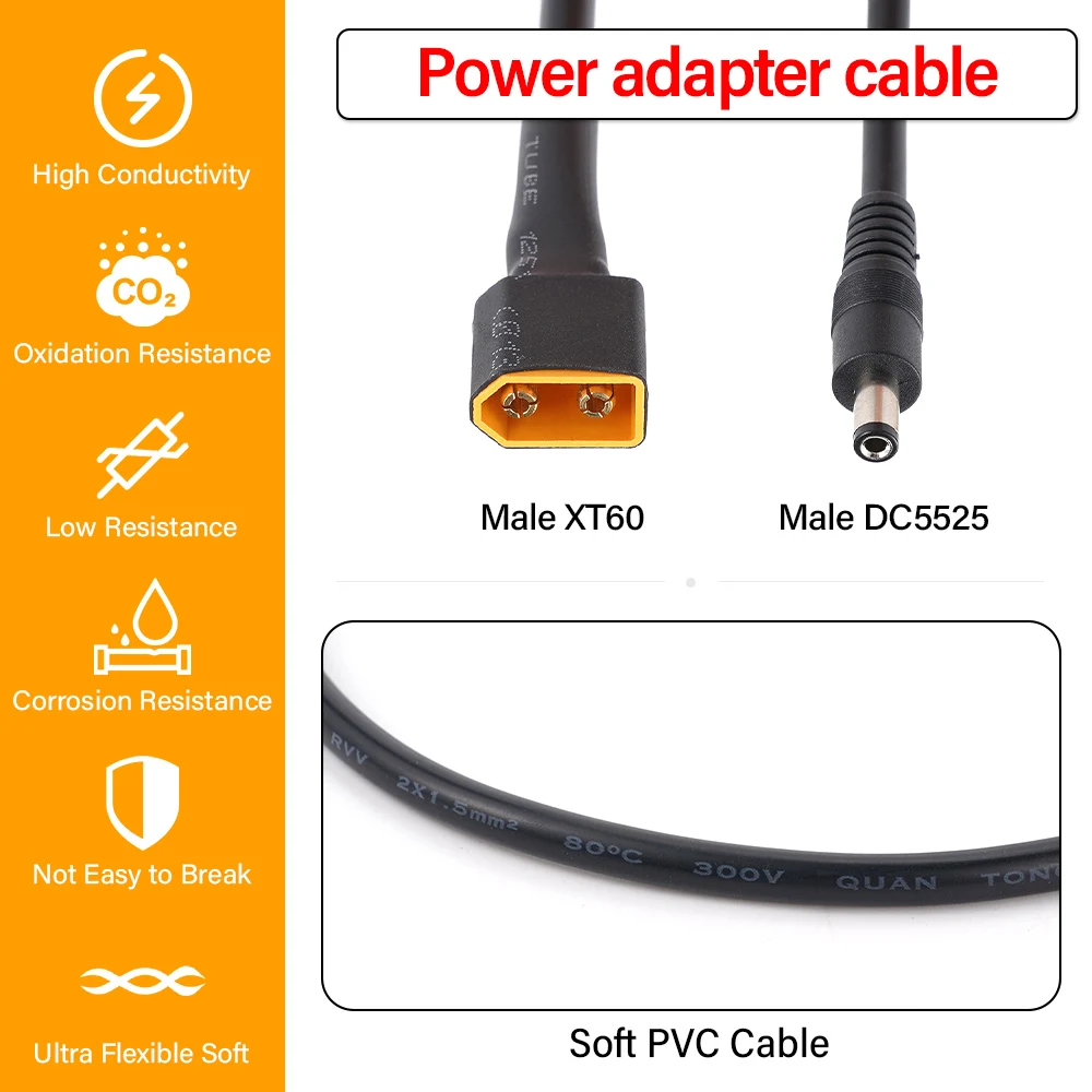 XT60 Male Bullet Connector to Male DC5525 Power Adapter Cable Cord For TS100 TS101 Pine Electric Soldering Iron Battery Charging