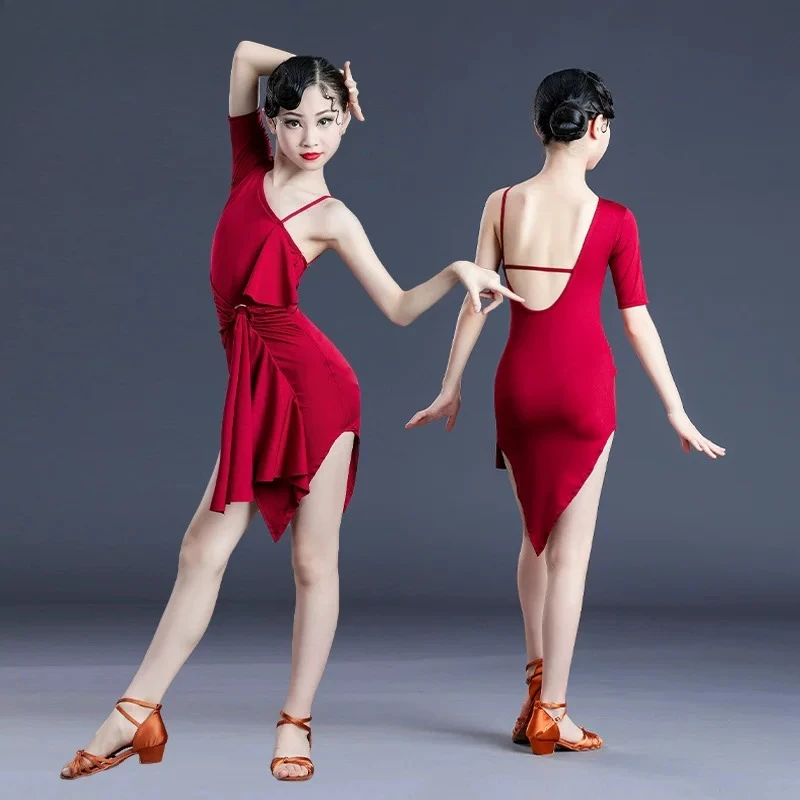Girls Summer Short Sleeve Design-forward Latin Dance Dress For Professional Grade Examination Competition Stage Performance Set