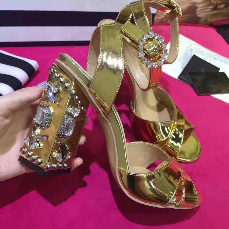 

Summer Luxury Rhinestone Rivets Studs Chunky Heels Sandals Mirror Leather Across Woman Open toe Gem Crystal Buckle Shoes