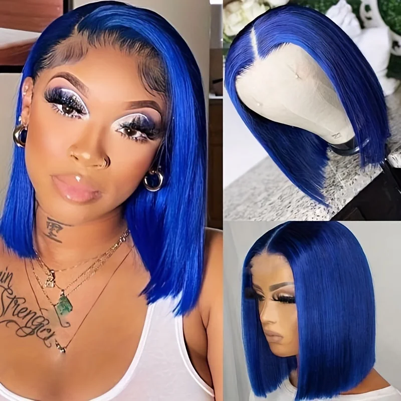 200%Density 13X4 Lace Front Wigs For Women Human Hair Blue Short Bob Wigs Brazilian Hair Wigs Transparent Lace Wig For Women