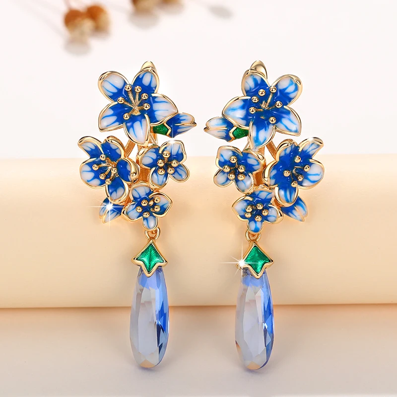 Huitan New Design Blue Morning Glory Earrings for Women Luxury Gold Color Bride Wedding Party Romantic Flower Earrings Jewelry image 4