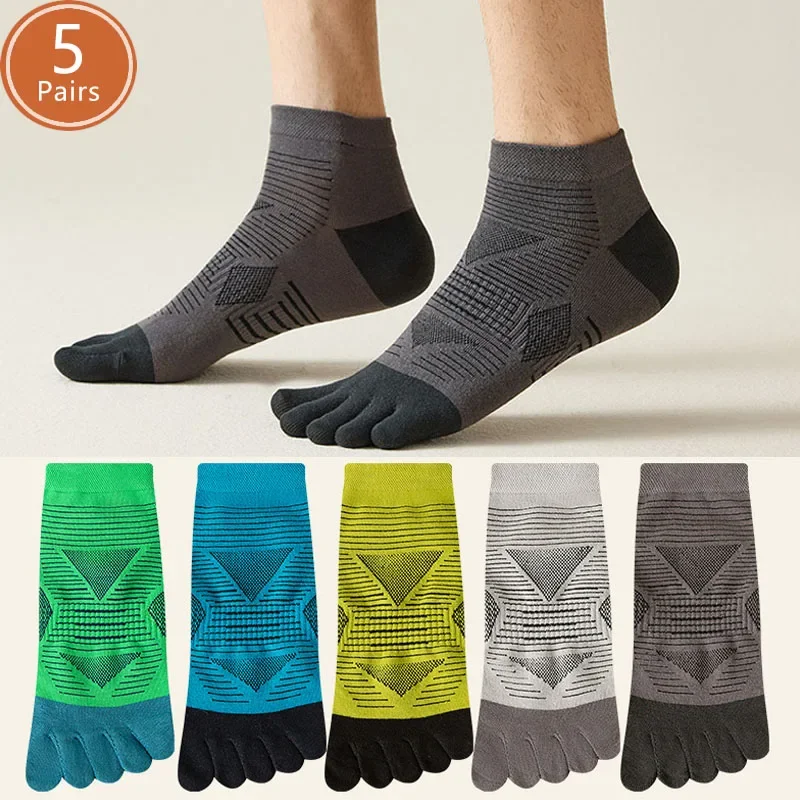 

5 Pairs Mans Athletic Sport Socks Toe Short Cotton Striped Compression Casual Fitness Hiking Cycling Travel Five Finger Socks