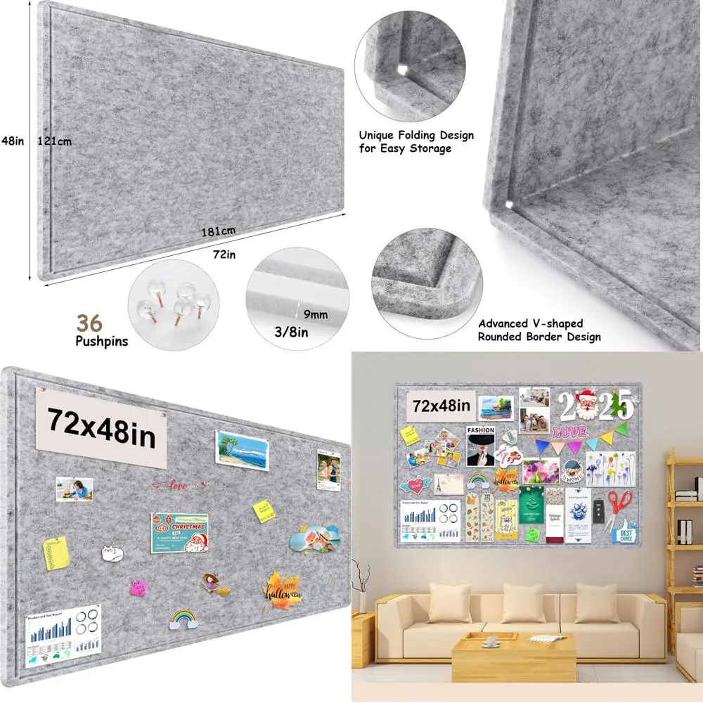 لوح حائط لباد قابل للطي مقاس 72 × 48 بوصة، لوح تزيين كبير، لوحة رؤية صور ذاتية اللصق مع 36 دبابيس ضغط، رمادي فاتح