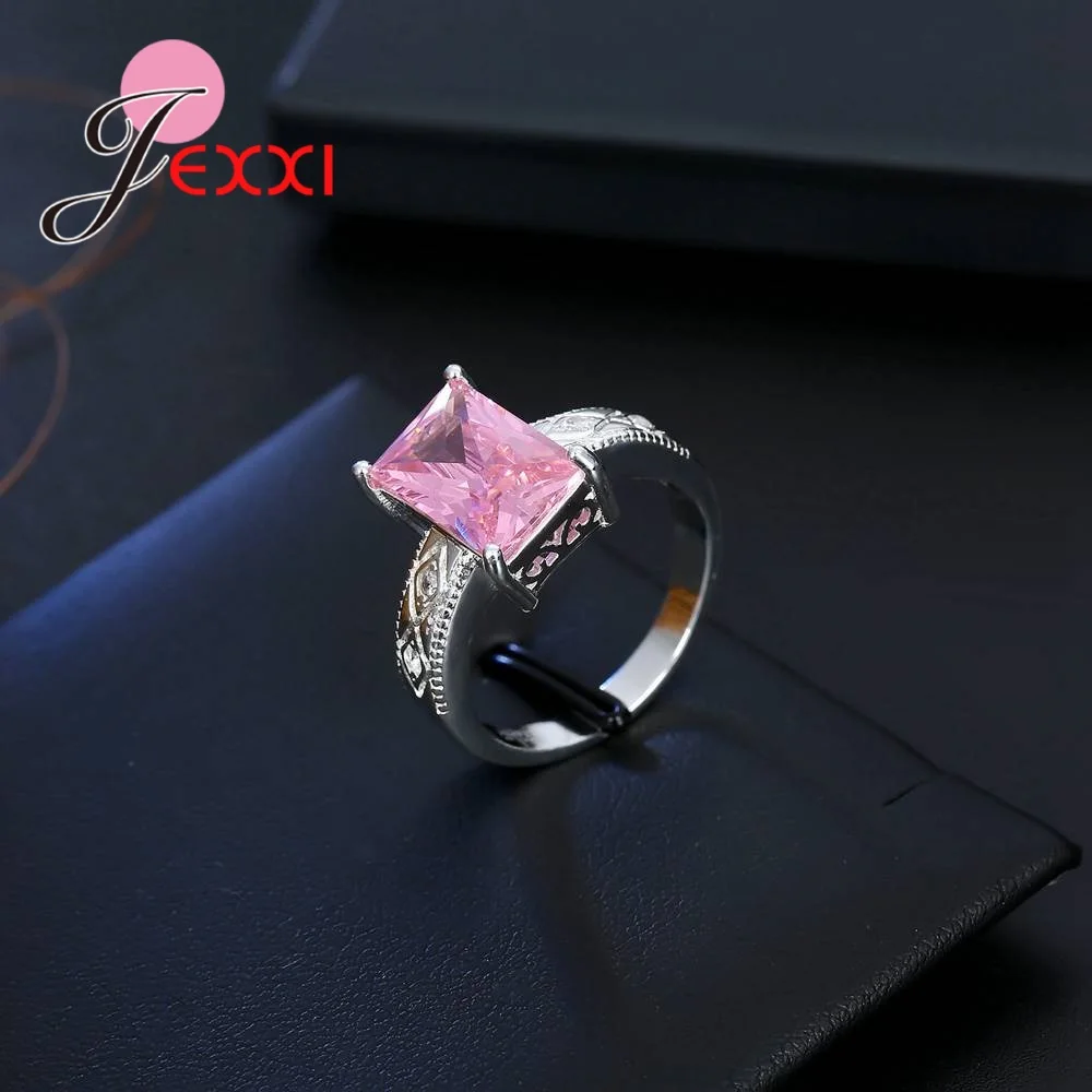 Hollow Out Ring Design Rectangle Pink Cubic Zirconia With White Crystal Stones 925 Sterling Silver Rings Women Wedding