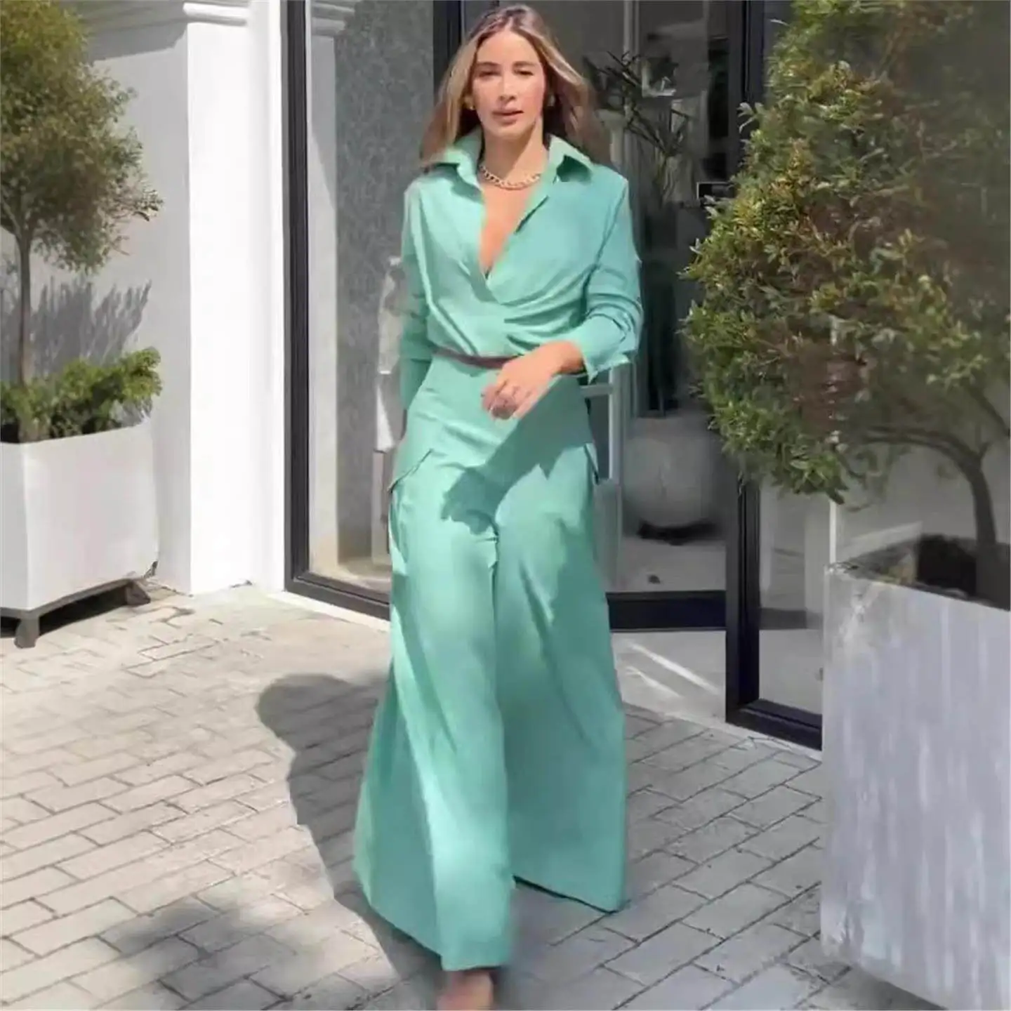 

Fashionable Long Sleeve Top Wide Leg Pants Two Piece Set Women's Clothing Summer New Arrival Elegant Style Casual Pants