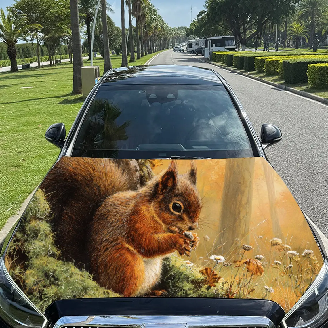 

Charming Squirrel in a Nut - Filled Glade PVC Car Engine Hood Vinyl Wraps, Self-Adhesive Waterproof Car Hood Decal Sticker, Car