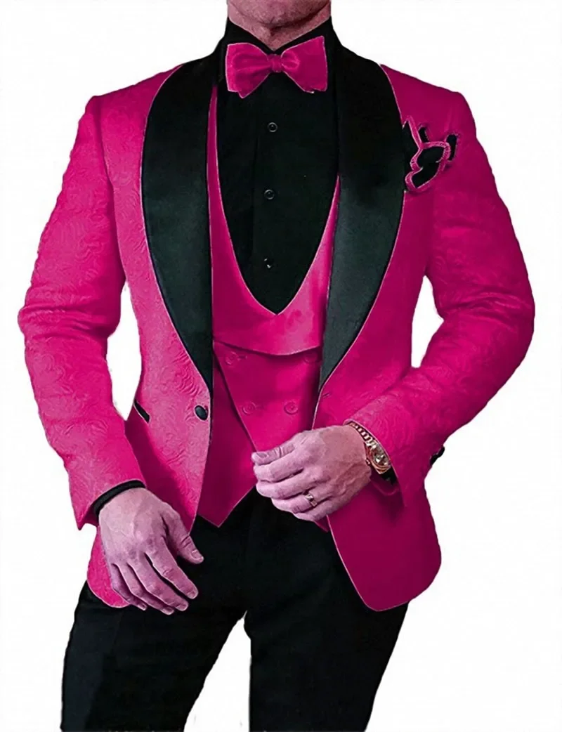 New Men Suits Pattern and Black Groom Tuxedos Shawl Satin Lapel Groomsmen Wedding Best Man ( Jacket+Pants+Vest)