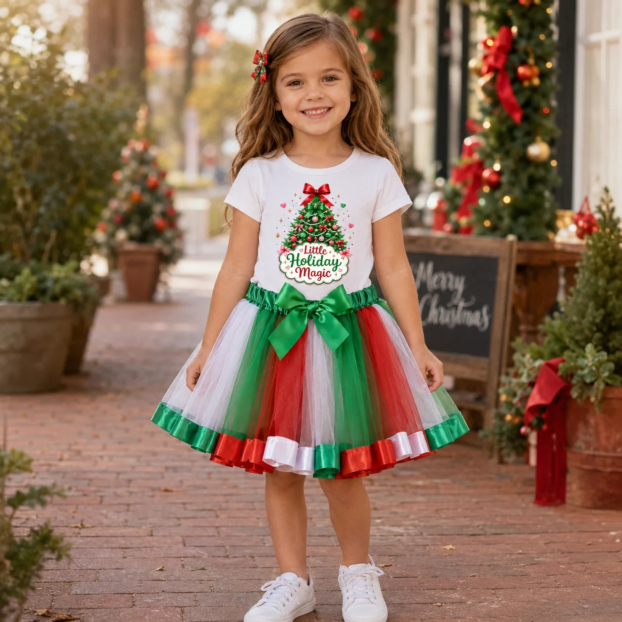 Kids Girls Christmas 2 Piece Clothes Set Little Holiday Magic Xmas Tree Graphic Tee Fluffy Red Green Tulle Tutu Skirt Bow Outfit