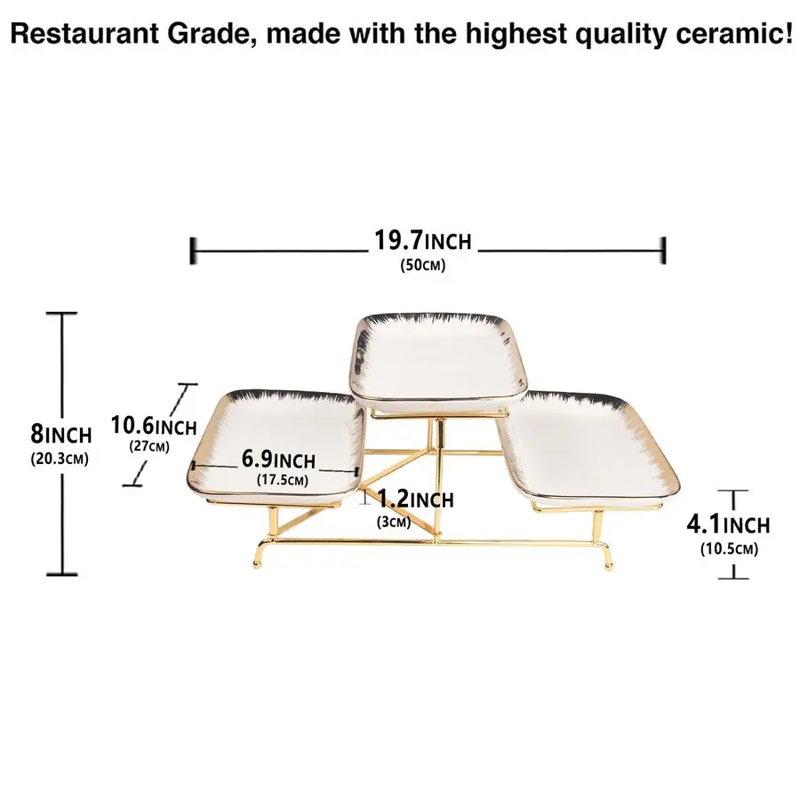 

Трехуровневая керамическая подставка для тарелок. Складная подставка для тарелок с золотой окантовкой и тремя тарелками с золотой окантовкой диаметром 10,6 дюйма для демонстрации еды, фруктов.