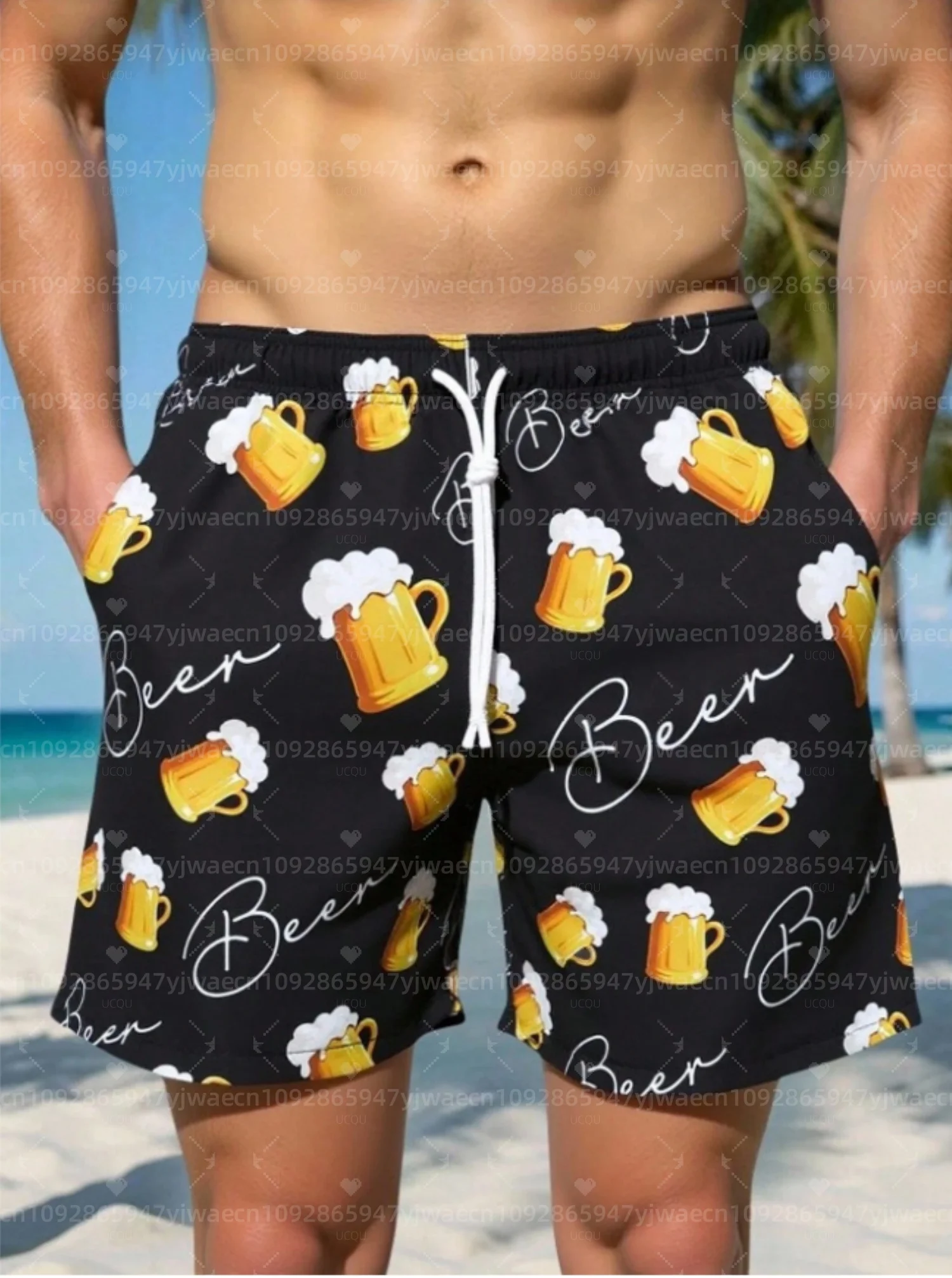 2026 Summer Men Board Surf Shorts beer  Print Trunks Drawstring Elastic Quick Dry Hawaiian women  Beach Shorts Men Clothing