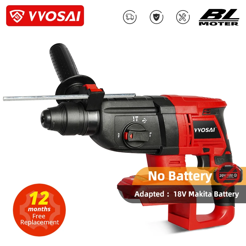 Vvosai-furadeira Elétrica de Impacto Martelo Rotativo sem Escova sem Fio Furadeira Elétrica para Bateria de Lítio 18v Makita