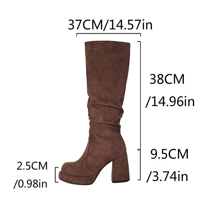 ORCHA LISA Brown Black Womens Tall Shoes Suede 9cm Thick Heel 2.5cm Platform Zip Pleated Big Size 41 42 43 US12 Attractive