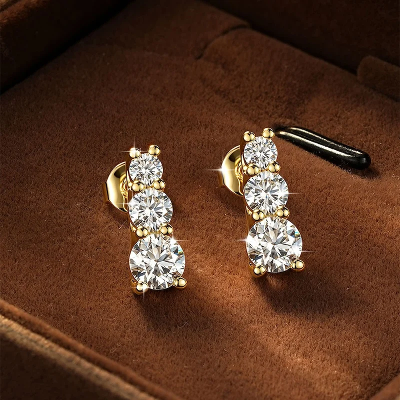 Rrjzz 3mm 4mm 5mm Drei-Stein-Ohrstecker mit Labor-Imitationsdiamanten, D-Farbe Moissanit-Ohrstecker für Damen, Hochzeitsschmuck, Geschenke – Detail 2