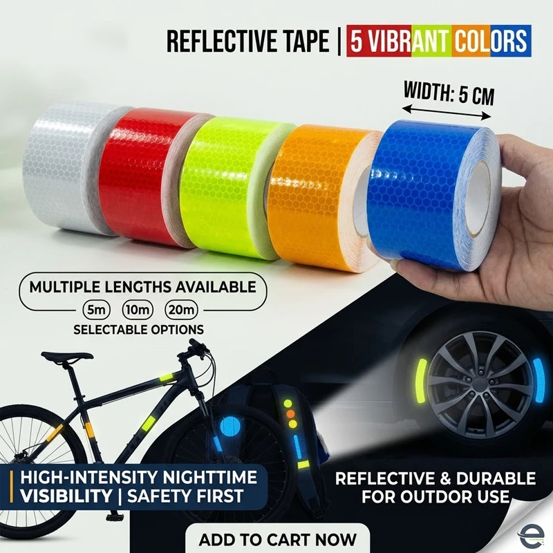 5cm 5/10/20m Reflective Tape Safety Warning Solid Color Highlighting Warning Strips Car Stickers Grid Reflector