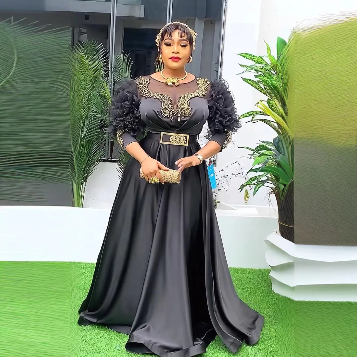 فستان نسائي أفريقي للحفلات المسائية فاخر بأكمام من الدانتيل وخصر عالي بالإضافة إلى حجم ثوب أنقرة ملابس زفاف فستان ماكسي إسلامي ترتر