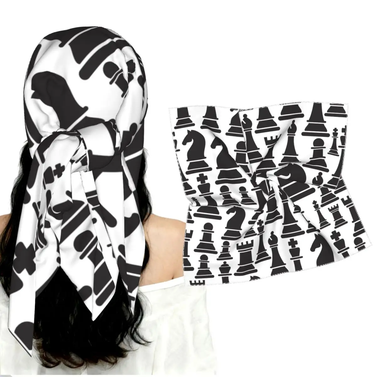 Smooth Imitation Silk Square Scarf Chess Pieces Women Multi-functional Head Wrap Neck Scarf Bandana Gift