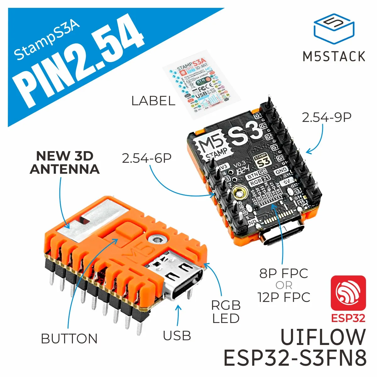 M5Stack M5StampS3A Official Main Control Chip with 2.54 Header Pin for DIY Electronics Projects