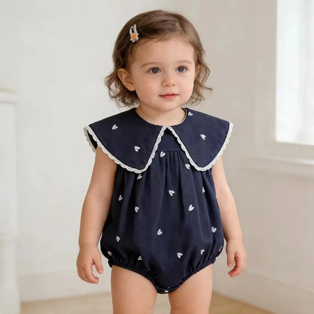 Sleeveless Girl Dress Lace Trim Big Collar Toddler Dress Sweet Heart Print Cotton Fabric Heart Print Dress