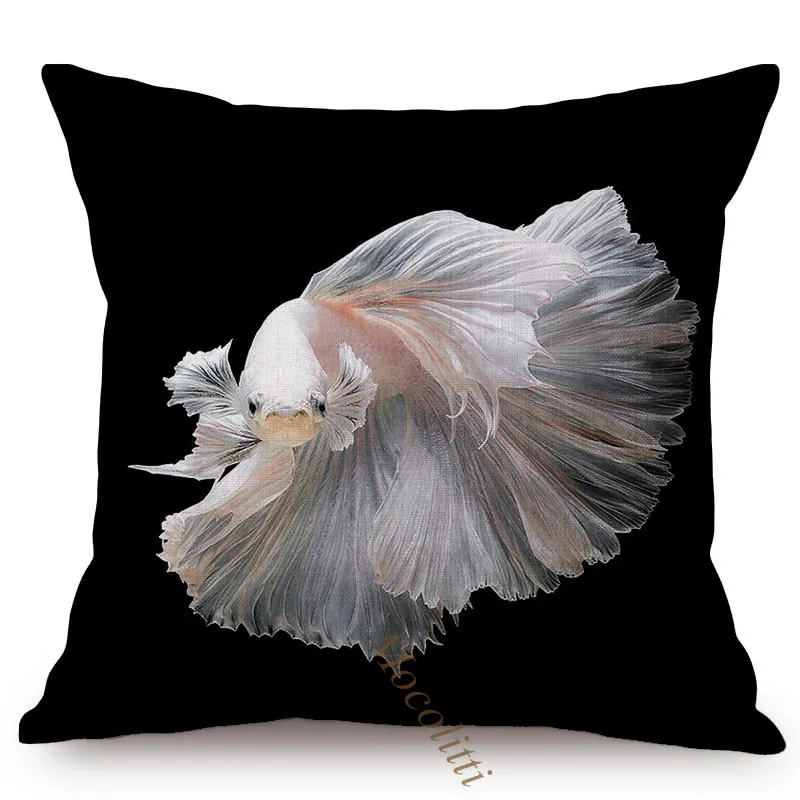 Black Goldfish Style Sofa Decoration Throw Pillow Case Colorful Fighting Fish Pattern Cotton Linen Print Cushion Cover cojines